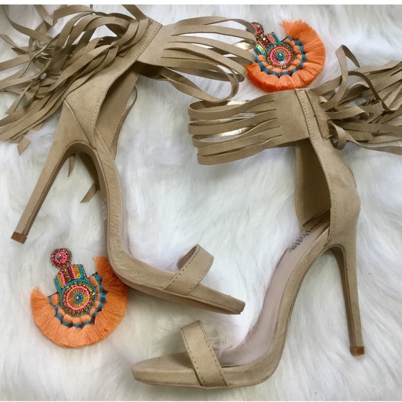 FRINGE HEELS TAUPE/NUDE COLOR BOHO GYPSY HIPPIE - Picture 3 of 7